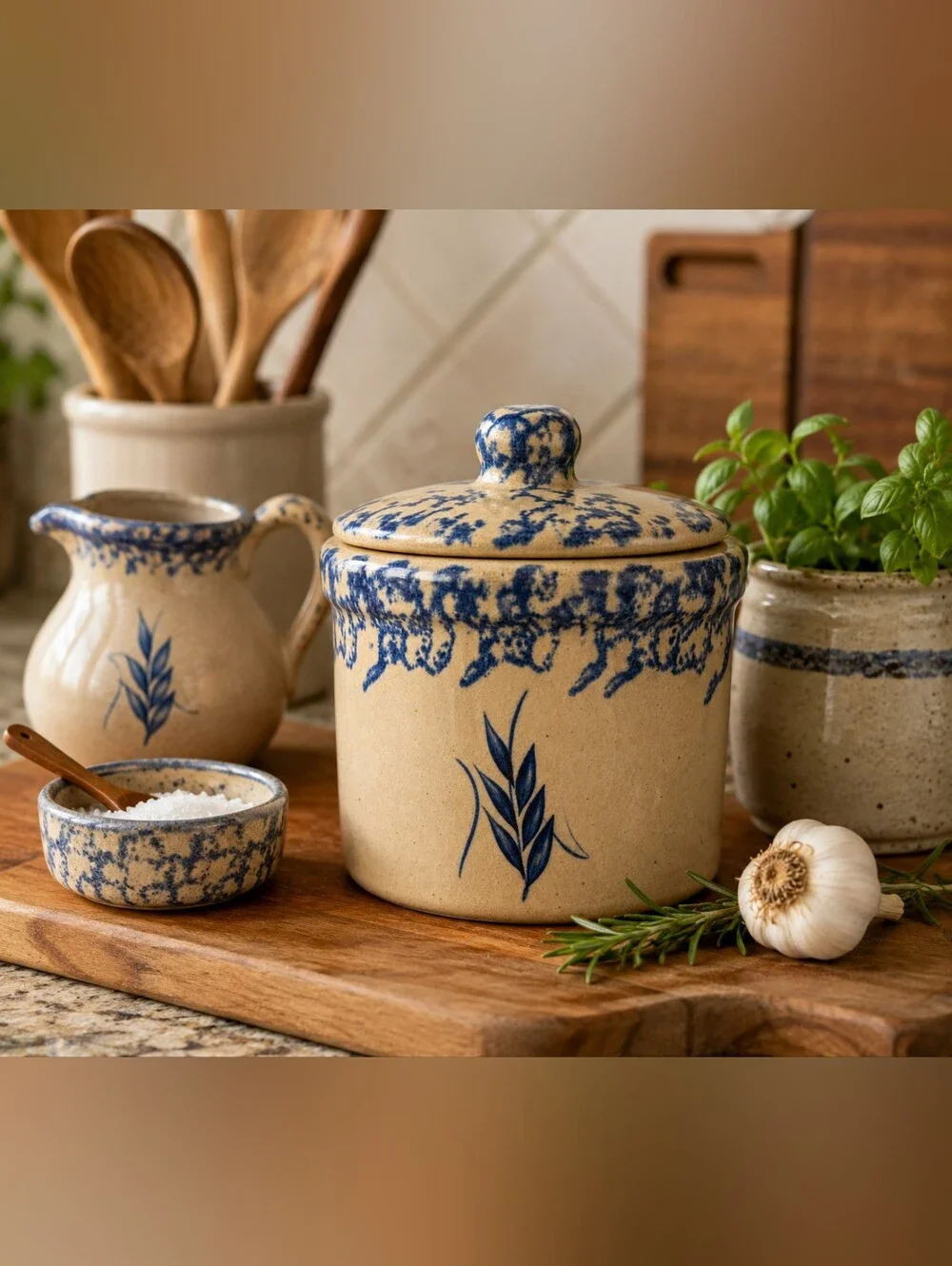 Vintage Robinson Ransbottom RRP Blue Wheat 1 Pint Stoneware Crock Jar w Lid